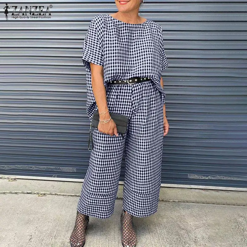

Summer Elegant Holiday ZANZEA Casual Checked Print Matching Sets Women Vintage Short Sleeve Top Loose Trouser Pant Sets OL 2PCS