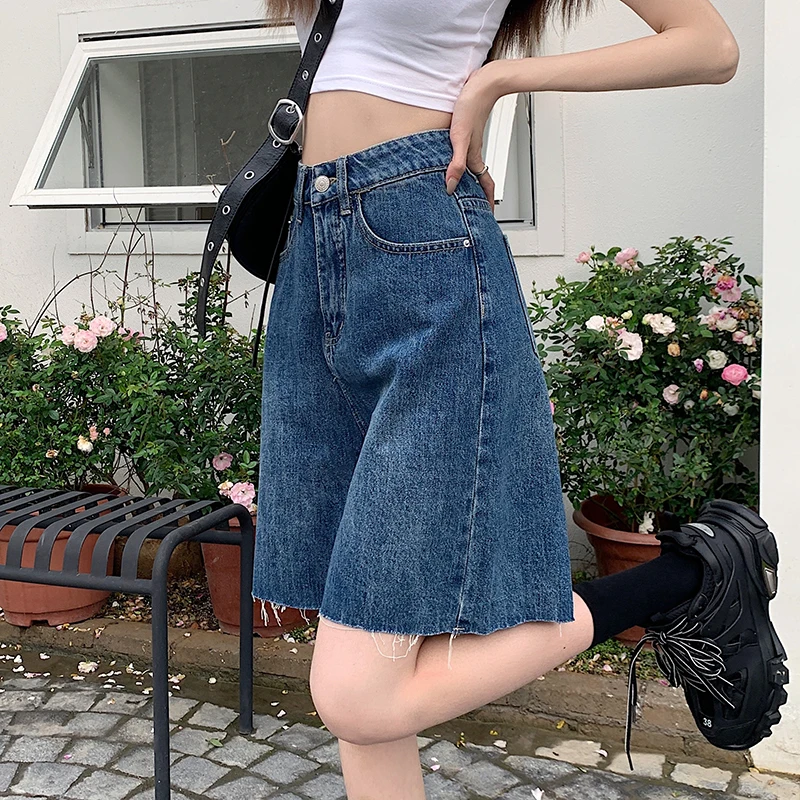 2023 Denim Shorts Women's Blue Commuter Summer New High Waist Straight Tube Loose Wide Leg Slim Capris