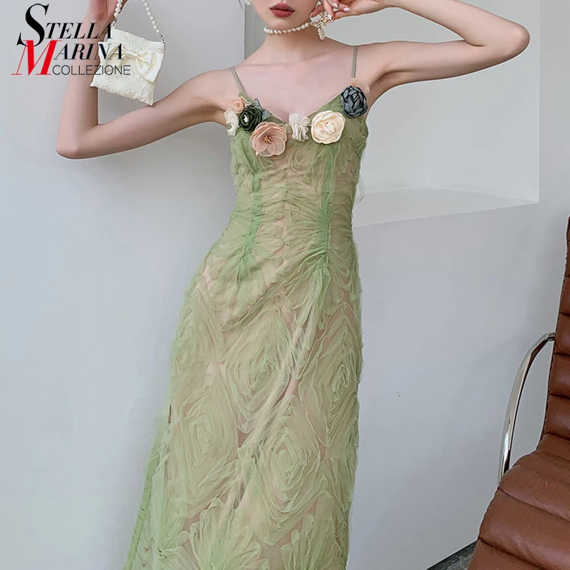 

New Light Green Woman Summer Casual Midi Mesh Sheer Sun Dress Spaghetti Straps Slim Girls Sexy Sleeveless Dress Vestidos JC2025