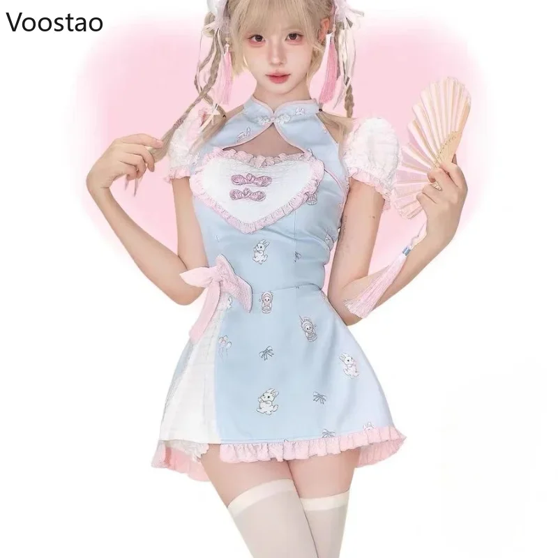 Синее новое винтажное платье Лолиты в китайском стиле женское тонкое Cheongsam с