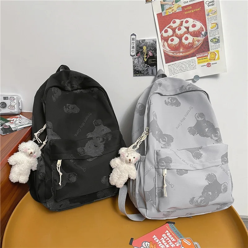 

Cartoon Bear Print Student Zipper School Bags Large Capacity Ladies Soft Nylon Backpacks Women All Match Casual Travel Kanpsack