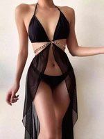 sunny y j solid color bathing suit women slim triangle mesh sex high waisted one piece iron chain fashion swimsuit bikini set