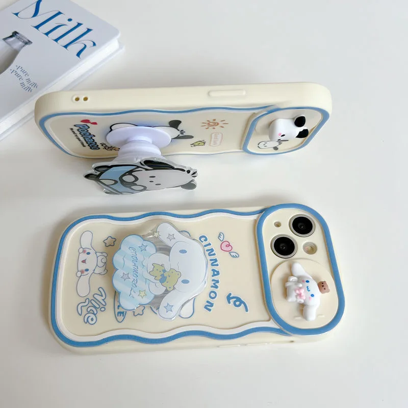 Sanrio 3D Cinnamoroll Pachacco Hidden Sliding Window with Stand Phone Cases For iPhone 14 13 12 Pro Max 11 14promax Back Cover