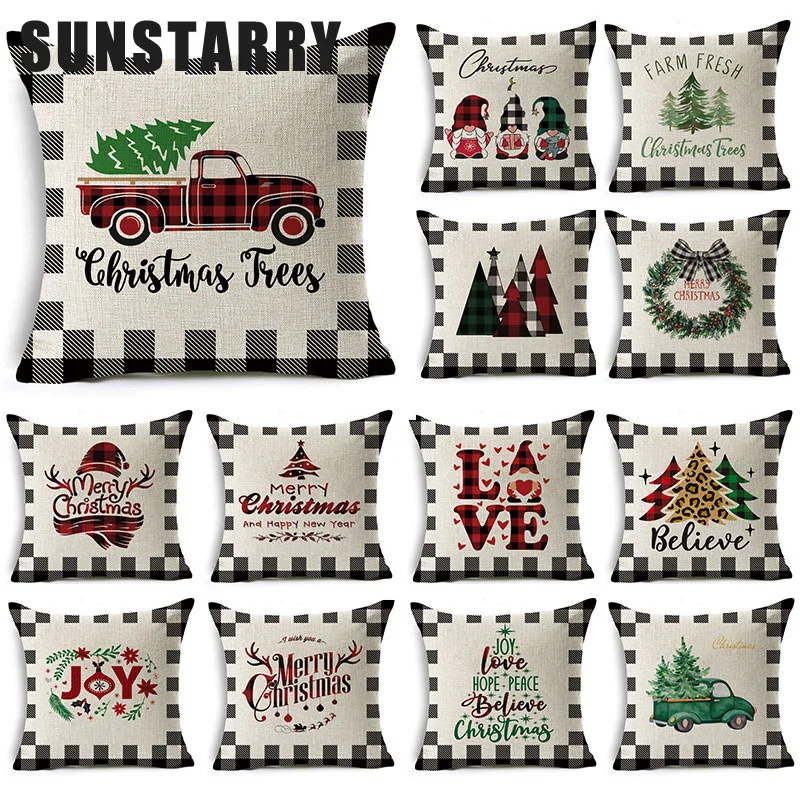 

Новинка, клетчатый Рождественский льняной чехол для подушки, мультяшный чехол для подушки, чехол для диванной подушки, рождественский пода...