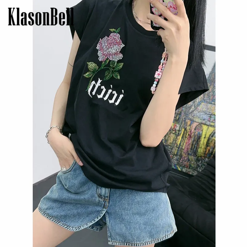 

4.24 KlasonBell Fashion Temperament Diamonds Rose Flower Letter Print O-Neck Tank Cotton T-Shirt Women