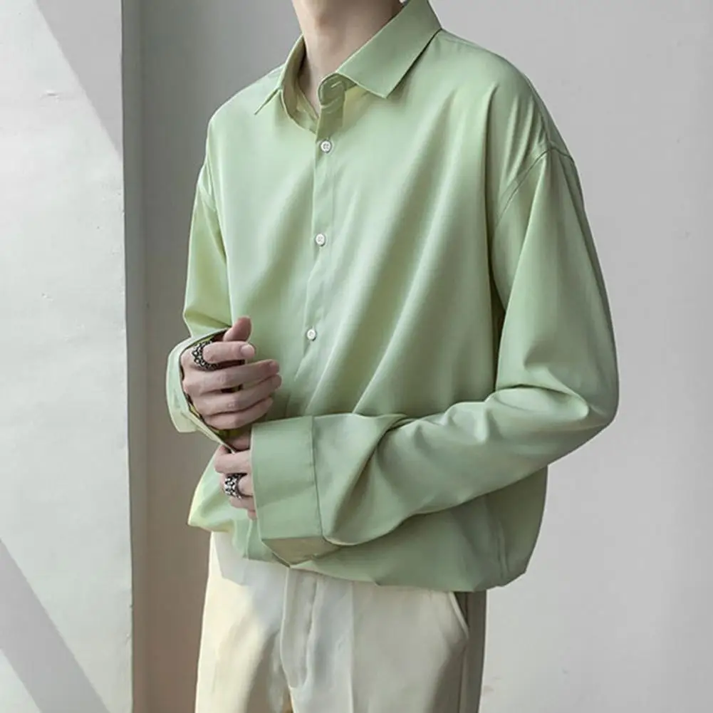 

Luxury Ice Silk Men's Shirt Korean Fashion Loose Drape Solid Color Button Up Shirt Men Long Leeve Spring Business Casual Blouse