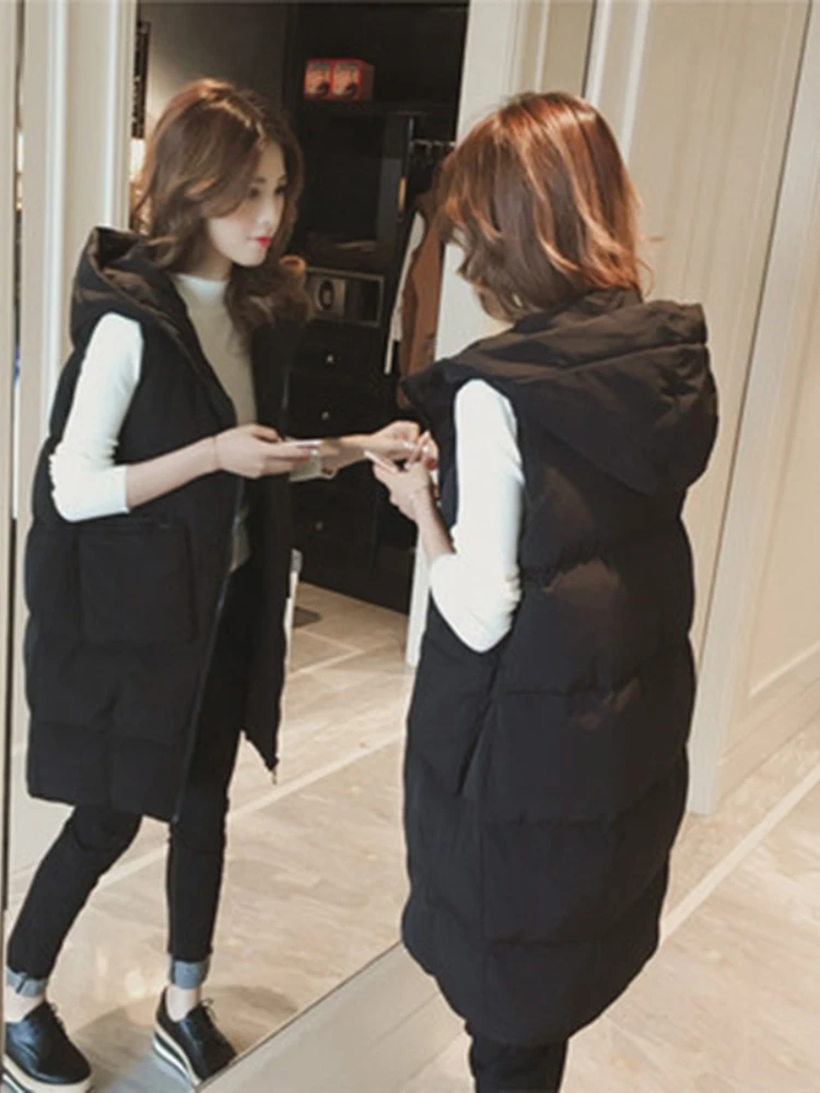 

Зимний женский жилет с капюшоном, куртка с хлопковой подкладкой, утепленная верхняя одежда средней длины, Модный повседневный пуховой жилет для женщин