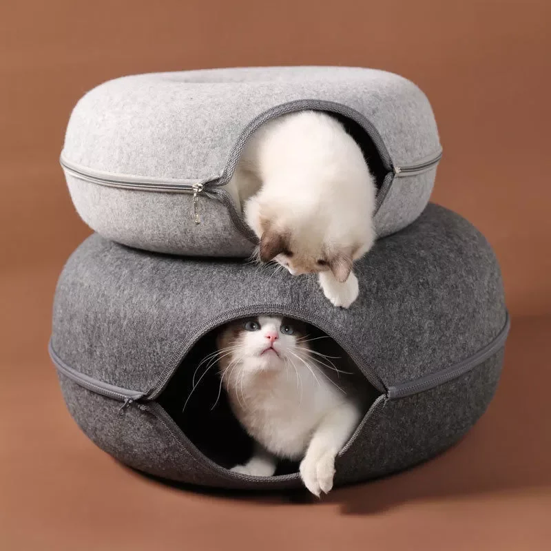 

Felt Cat Nest Breathable Four Seasons Cat House Round Removable Washable Zipper Closed Training Toy Cat Tunnel Donut Cat House