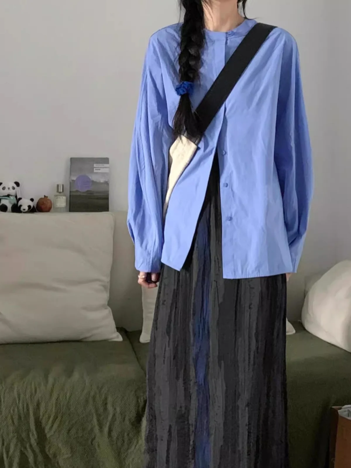 Новинка 2024 синие рубашки в стиле ретро со скрытой пряжкой и воротником-стойкой