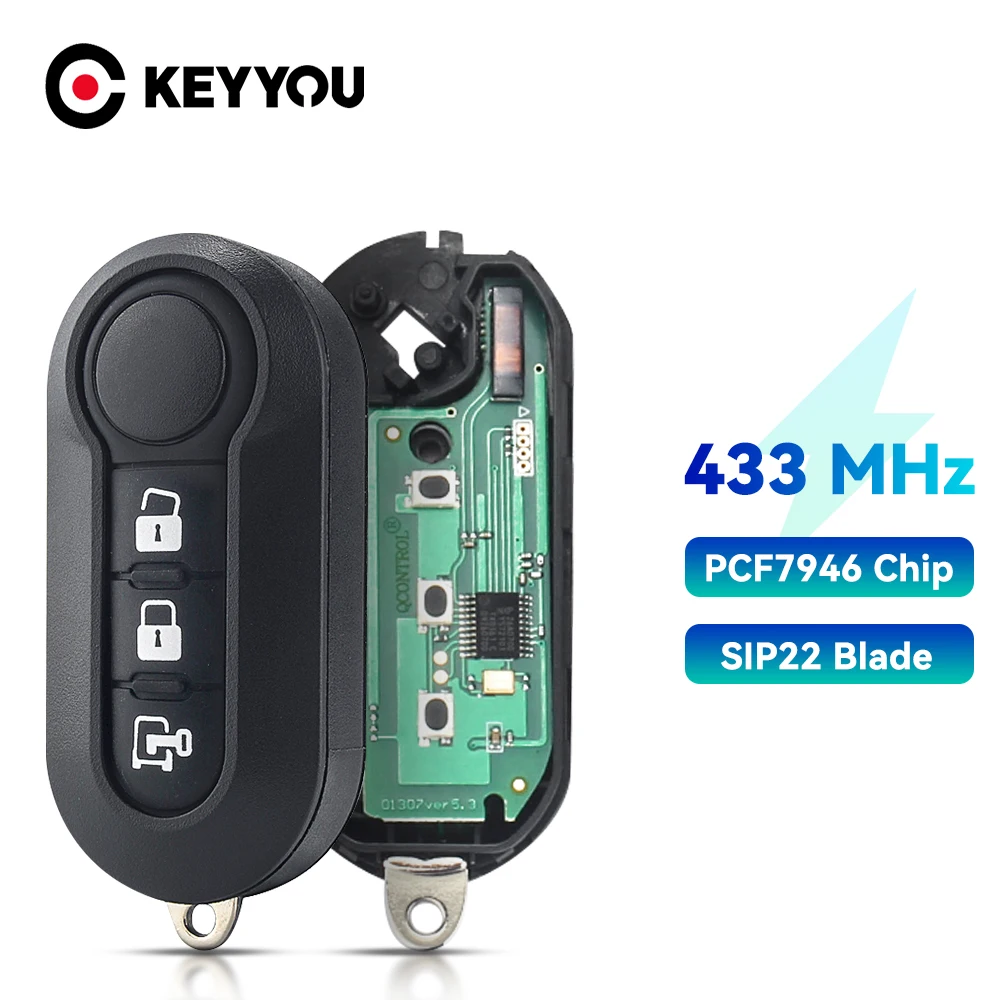 Ключ-флип KEYYOU Uncut 3 кнопки чип PCF7946 433 МГц для Fiat 500 Grande Punto 2010-2017