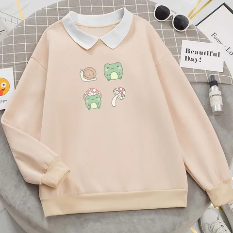 Women Sweetshirts Frog Mushroom Snail Printing Hoodies Girls Lapel Sweater Fashion Elements Sweatshirt Tee Tops Women's Clothing