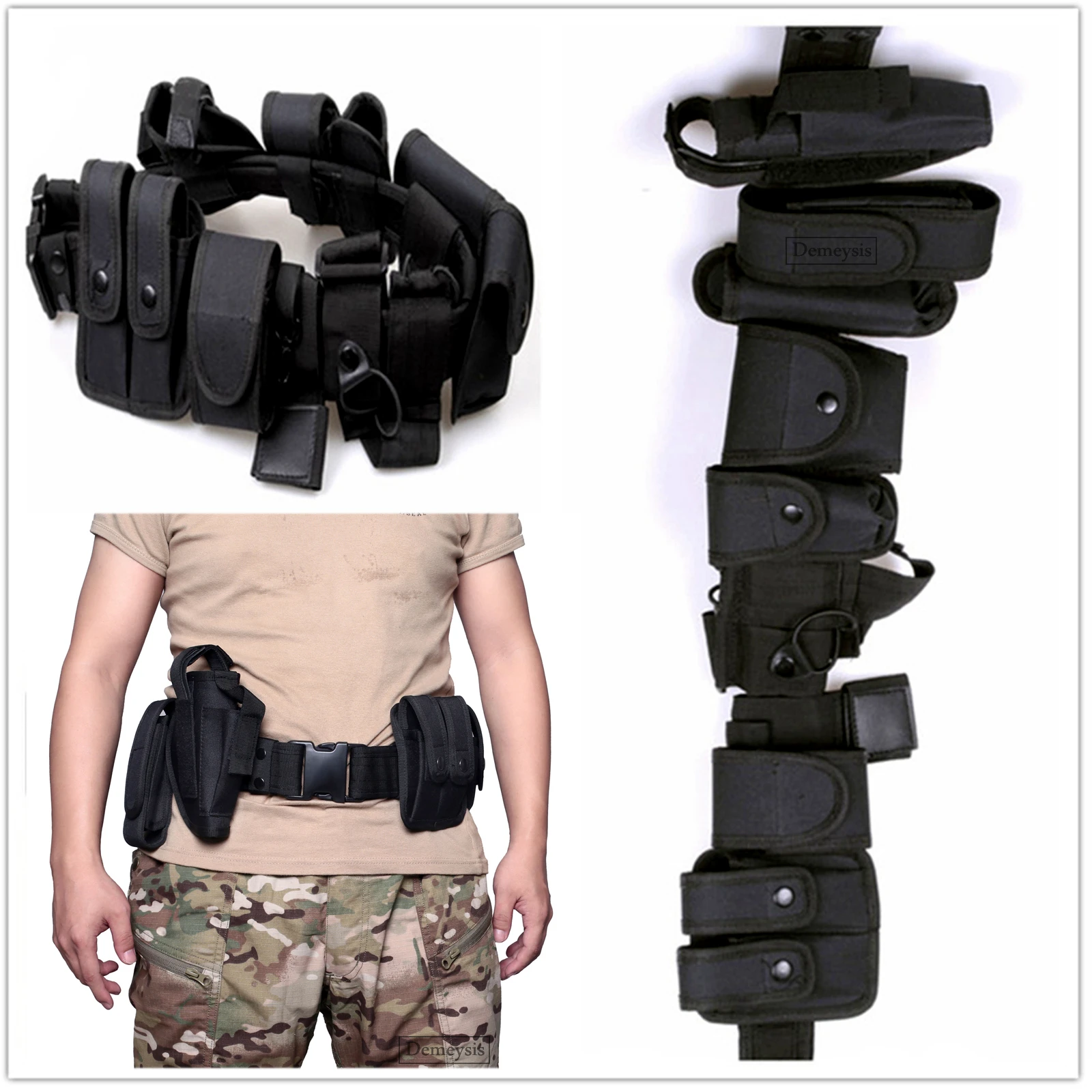 

10pcs Set Tactical Duty Belt Security Modular Set with Gun Holster, Flashlight Pouch, Baton Pouch Equipment