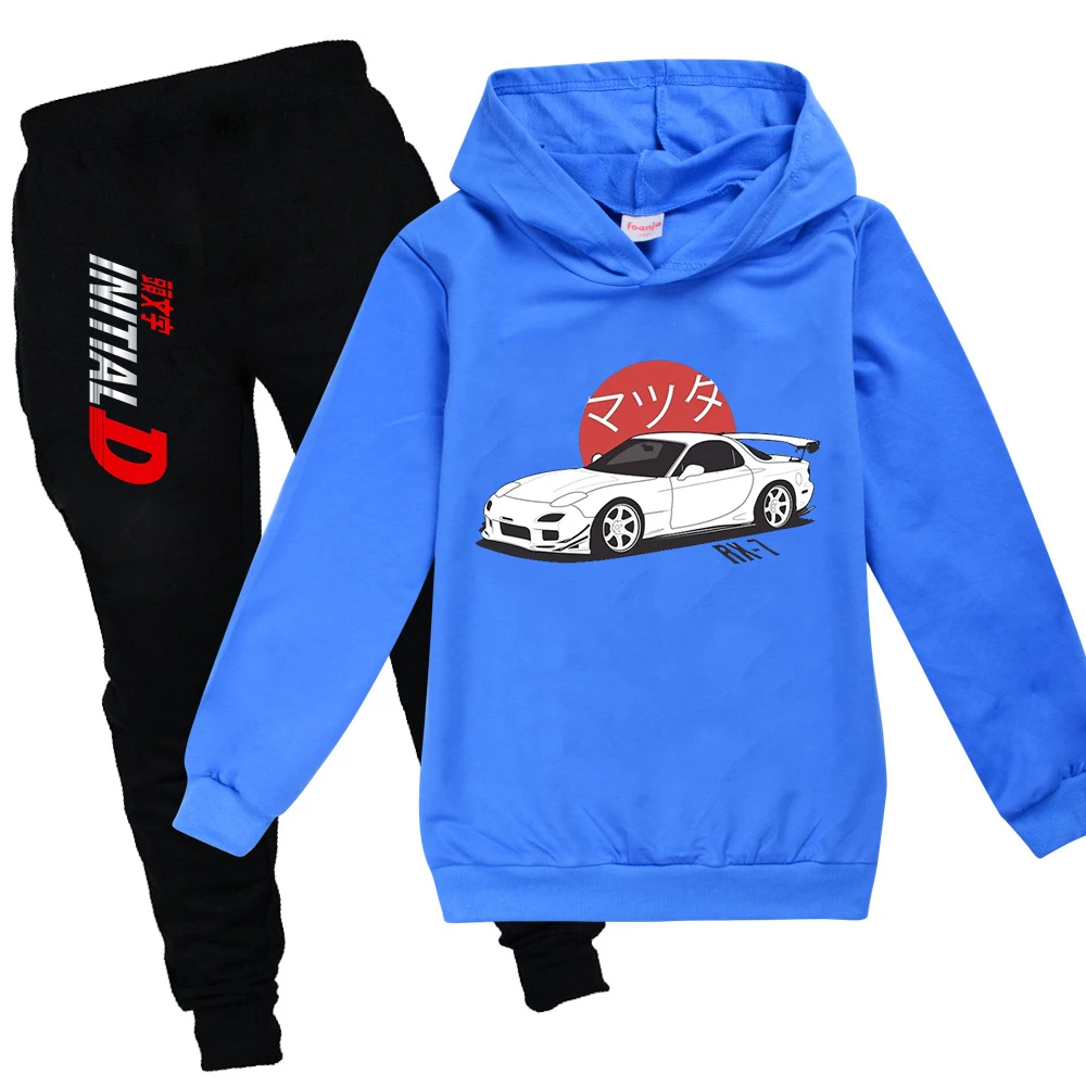 Initial D Hoodie Kids Japanese Anime Autumn Spring Sweatshirt Girls/Boys Graphic Clothing Set Long Sleeve Suit Casual Tops 2-15Y