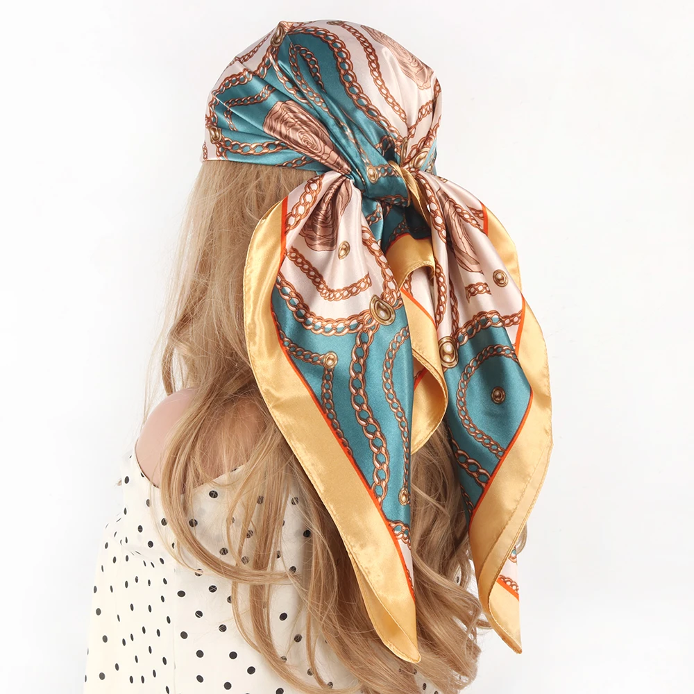 Шарф для волос 90*90 см женский платок с розой мягкий атласный квадратный шелковый