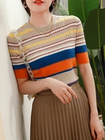 rainbow striped knitted women sweater pullover new summer thin o neck half sleeve straight ladies tops bodycon basic knitwear
