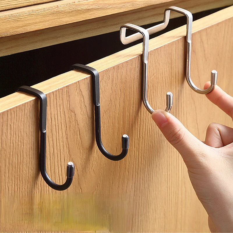 1pc Stainless Steel Hook Free Punching Double S-Shape Hook Kitchen Bathroom Cabinet Door Back Type Coat Towel Storage Hanger