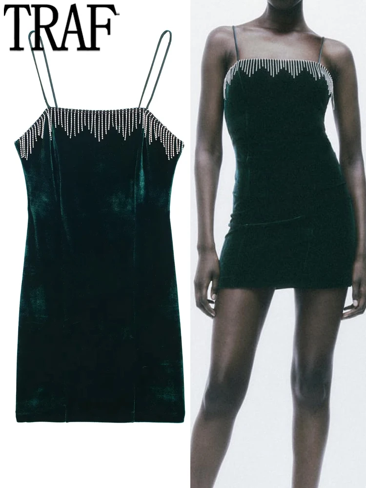 

TRAF Green Velvet Dress Woman Rhinestone Slip Mini Dress Women Vintage Evening Party Dresses For Women Backless Sexy Dresses