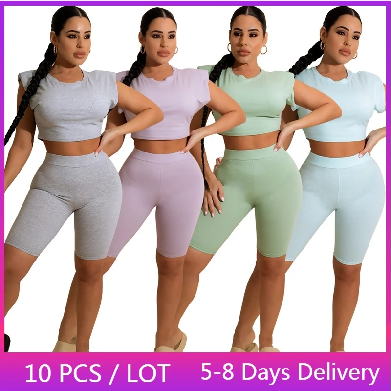

Wholesale Items Short Tracksuit Womens Two Peice Set Crop Top Biker Shorts Sets Workout Summer Slim Bodycon Sport Outfit Fitness