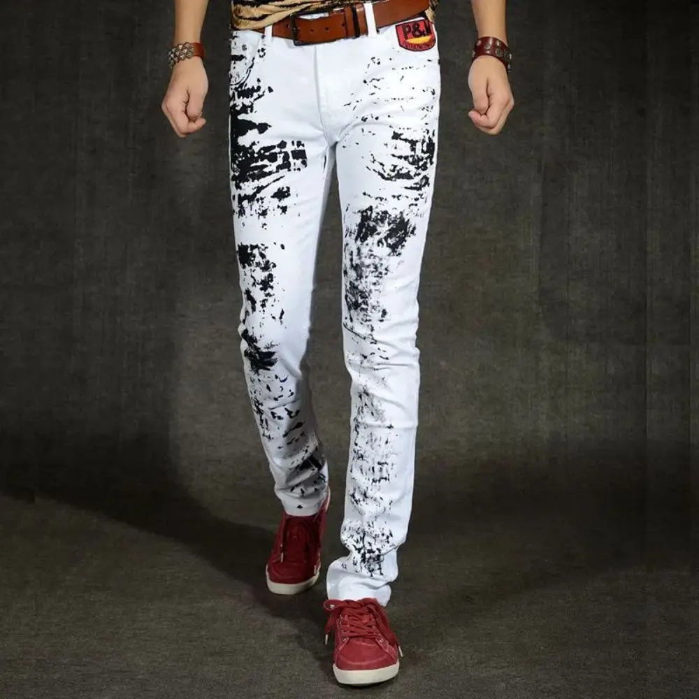 Men Jeans Harajuku Streetwear Fashion Retro Print Skinny High Quallity Casual Slim Fit Denim Trousers Graffiti