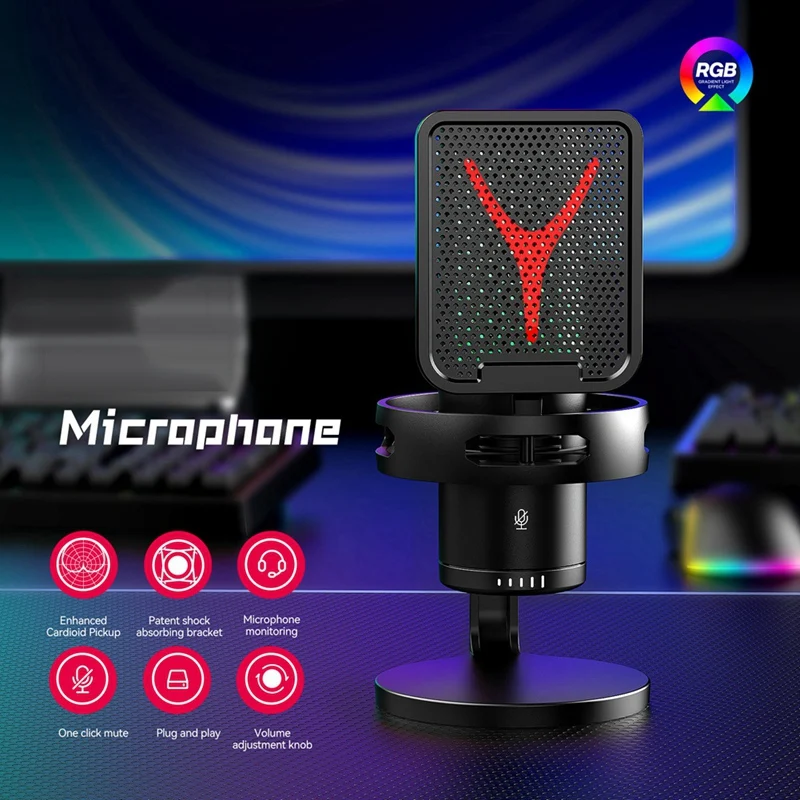 Профессиональный конденсаторный микрофон игровой проводной RGB USB для ПК ноутбука