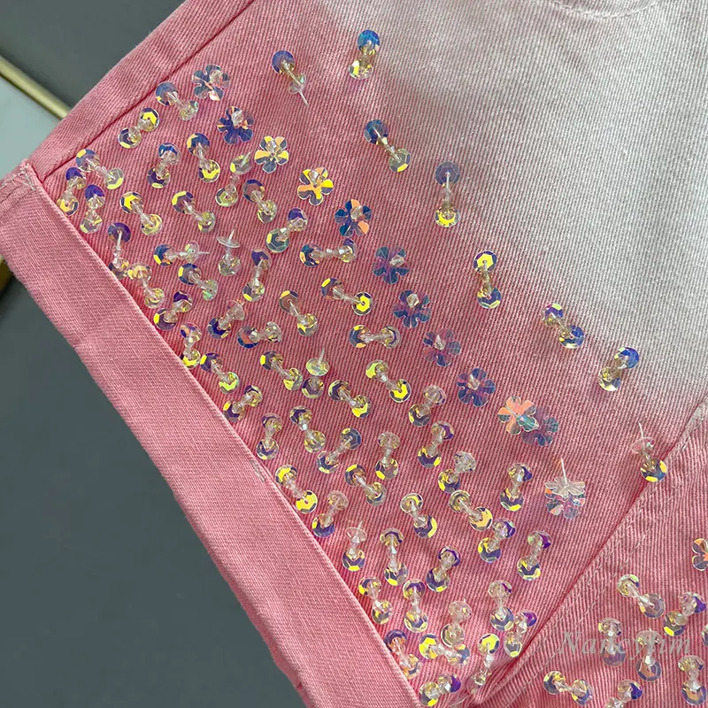 Sequined Denim Shorts Women's 2023 New Summer Gradient High Waist Loose and Limming Wide-Leg Hot Pants Studded Shorts Street