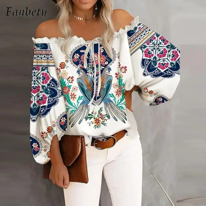 

Women Vintage Slash Neck Tees 2022 Summer Fashion Pattern Print Pullover Tops Ladies Spring Sexy Off Shoulder Backless T-shirt