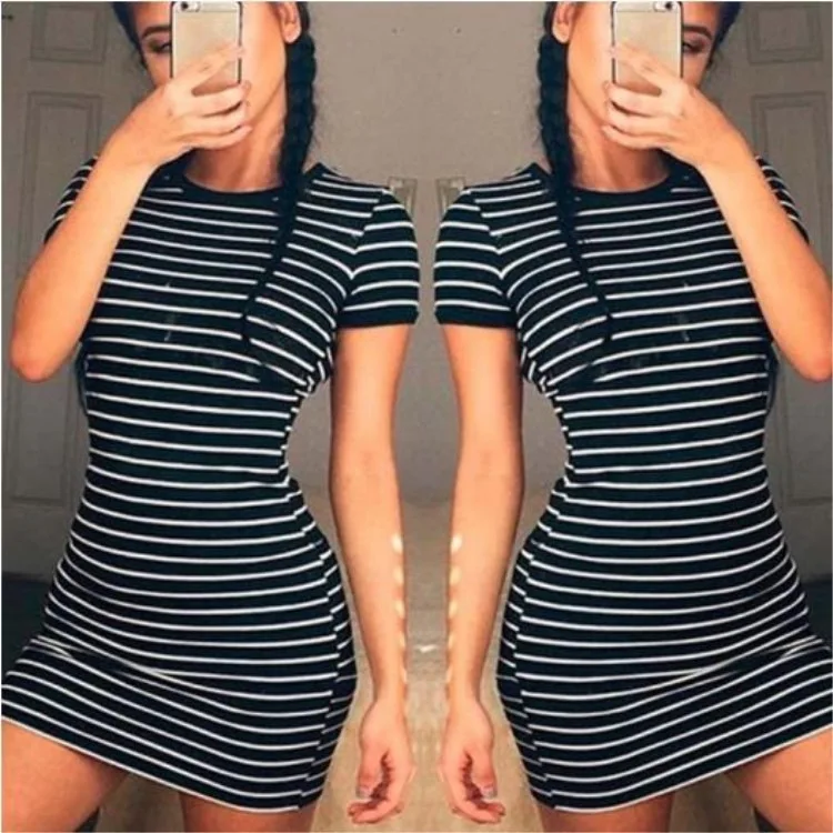 

Women Summer Short-sleeved Dress Female Black White Striped Dresses Preppy Casual Elegant New Round Neck Sexy Sheath Slim Dress