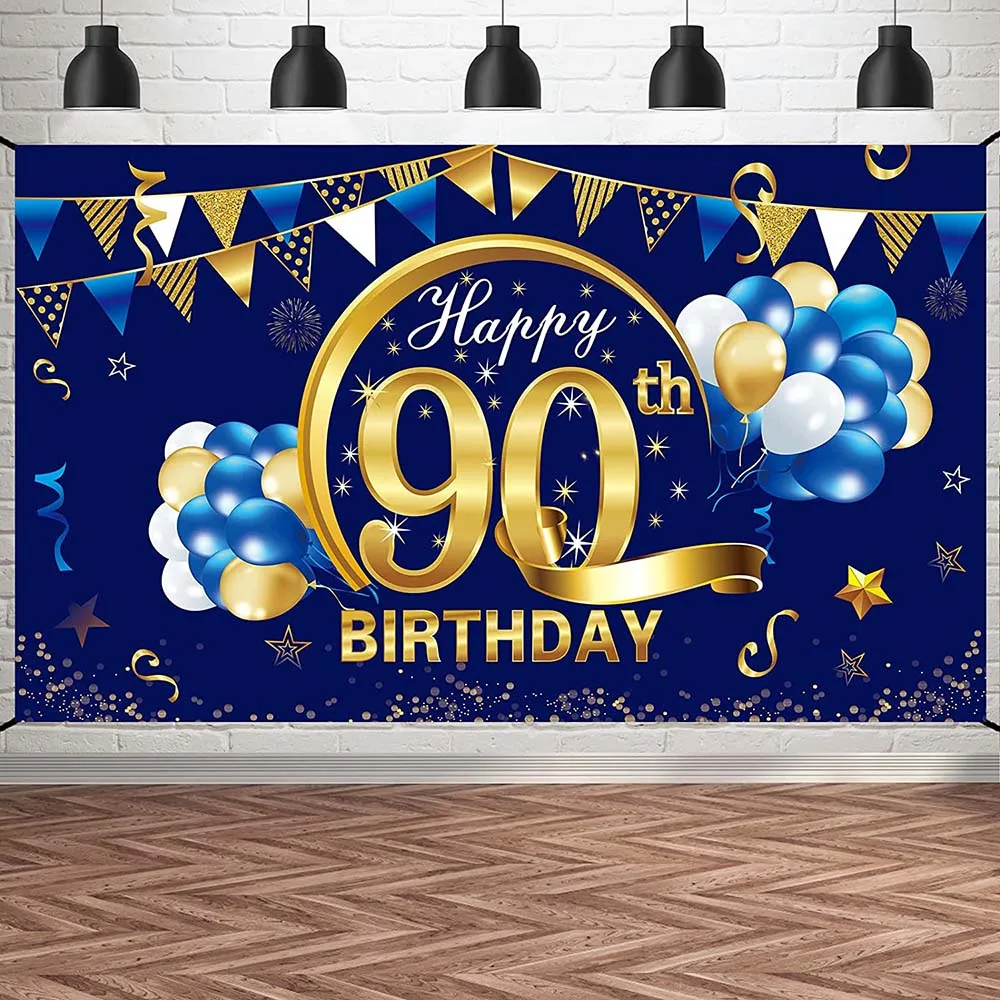 

Happy 90th Birthday Party Backdrop for Men Blue Gold 90 Bday Ninety Years Old Photo Background Wall Poster Decor Cake Banner