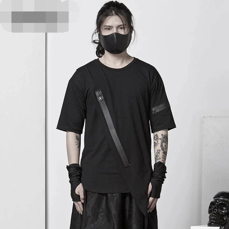 

Men's Black Asymmetric Design t-Shirt Summer Personality Hong Kong Fashion Gothic Fake Two Short Sleeve Slim Fit T-Shirt