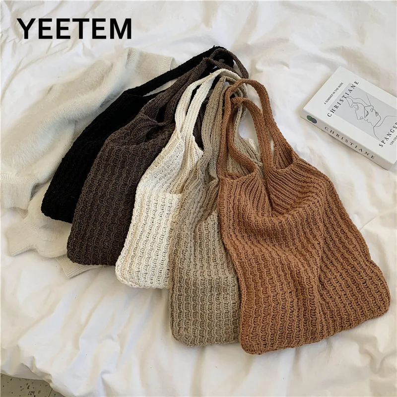 

Wool Knitting Underarm Bag Girl Fashion Solid Color Woven Shoulder Bag Female Art Portable Shopping Knitted Bag