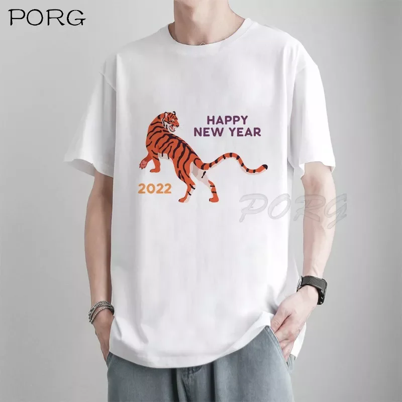 

NEW IN Happy New Year Chinese T-shirt Men Kawaii Gothic Clothes Casual O-collar Unisex T-shirt Cartoon Aesthetic Clothing Cotton