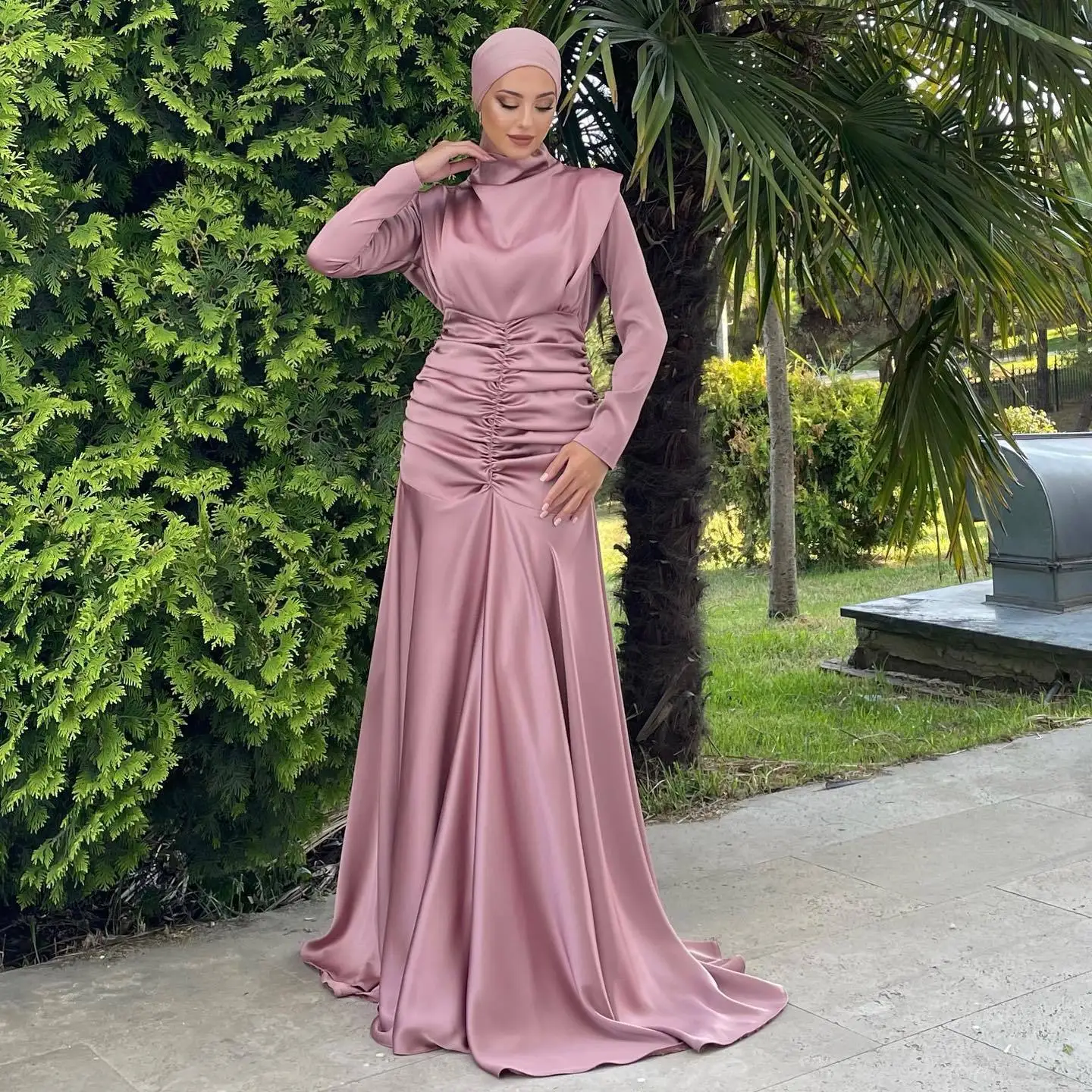 Muslim Long Dress Hijab Abaya for Women Stand Collar Thick Satin Ruched Evening Dresses Eid Ramadan Dubai Turkish Modest Abayas