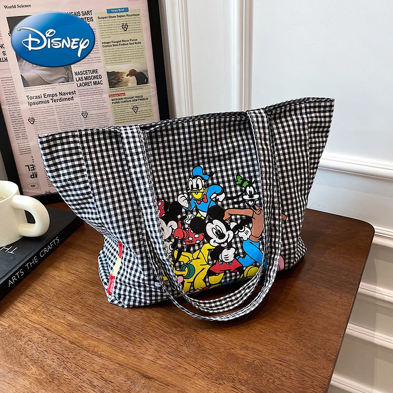 

Disney 2022 New Mickey Luxury Canvas Ladies Handbag High Quality Large Capacity Cartoon Print Ladies Shoulder Bag Plaid Tote Bag