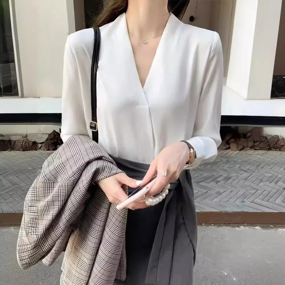 Элегантная шифоновая белая рубашка с v-образным вырезом женская рабочая одежда