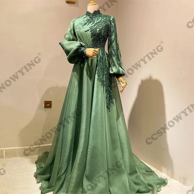 

Green Long Sleeve Muslim Evening Dresses Islamic Formal Party Gown Hijab Women Arabic Kaftan Organza Appliques Robe De Soiree