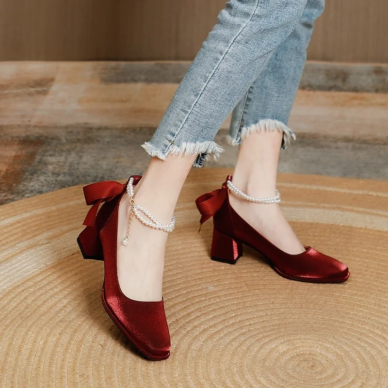 

Square Toe High Heels Chunky Heel Mary Jane Women's Shoes 2022 Red New Style Wedding Shoes High-Grade Pearl Mid-Heel Shoes