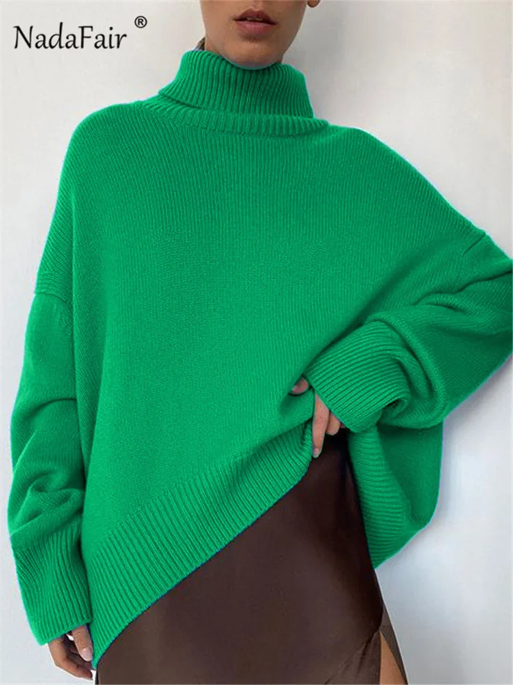 

Nadafair Oversize Sweater Women Turtleneck Autumn Long Sleeve Cutton Jumpers Casual Loose Green Knitted Winter Tops 2023