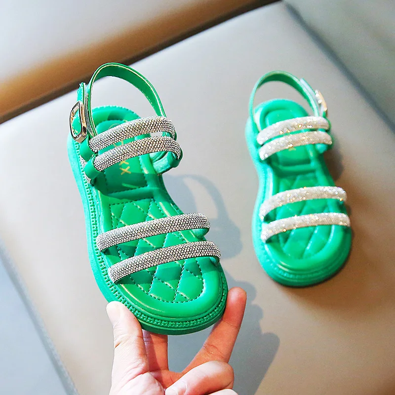 

Girl Open Toe Buckle Sandal Kid Thin Band Sequins Shoes 2022 Summer Child Flat Beach Non-slip Shoe 26-36 Green