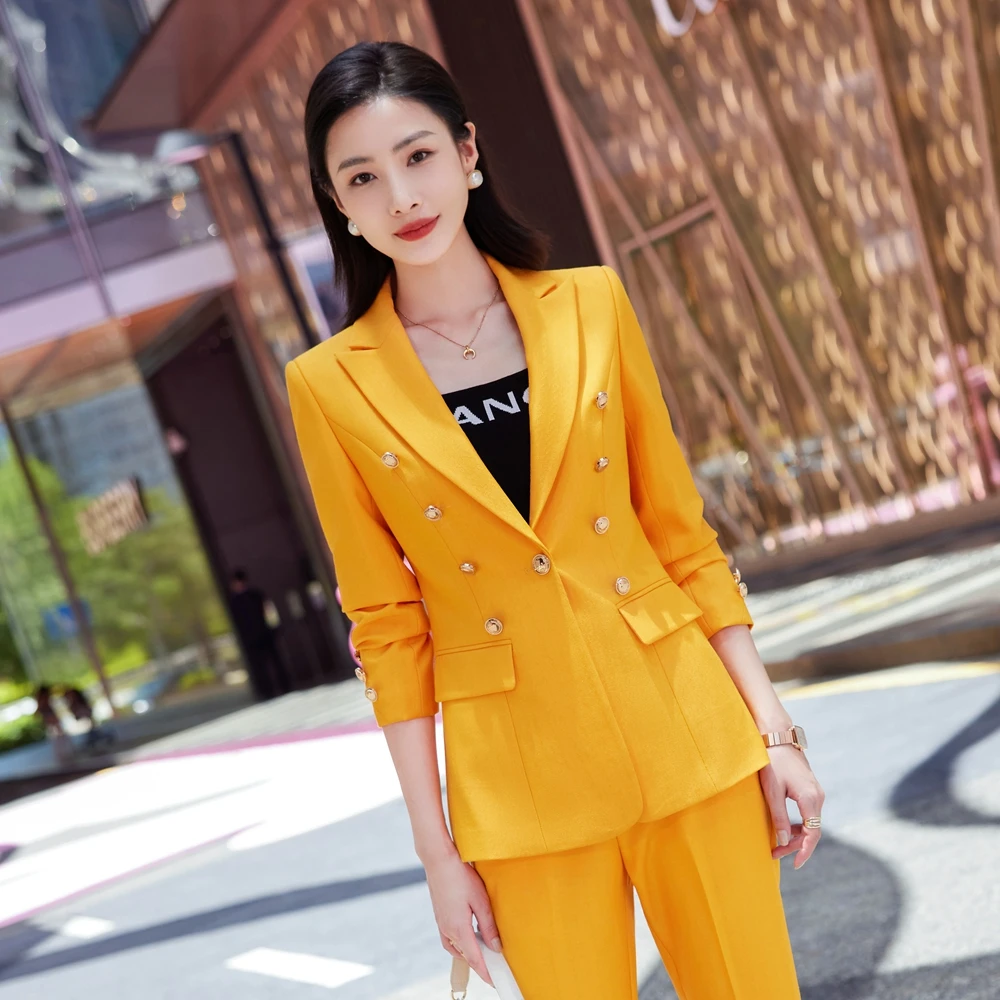 

Осень-зима 2022, Официальный женский желтый Блейзер, женские деловые костюмы с комплектами, рабочая одежда, Офисная форма, брюки размера 5XL, куртка