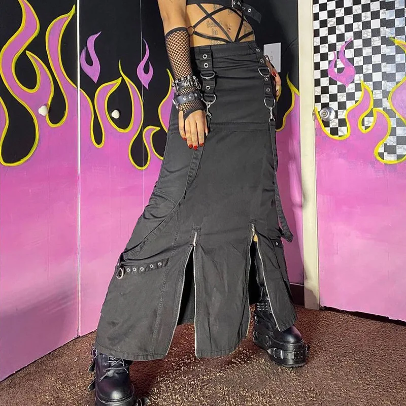 Gothic Street Bandage Women Midi Skirts Grunge Fairycore Low Waist Zipper Skirt Dark Academic Hip Hop Streetwear Punk Clothes