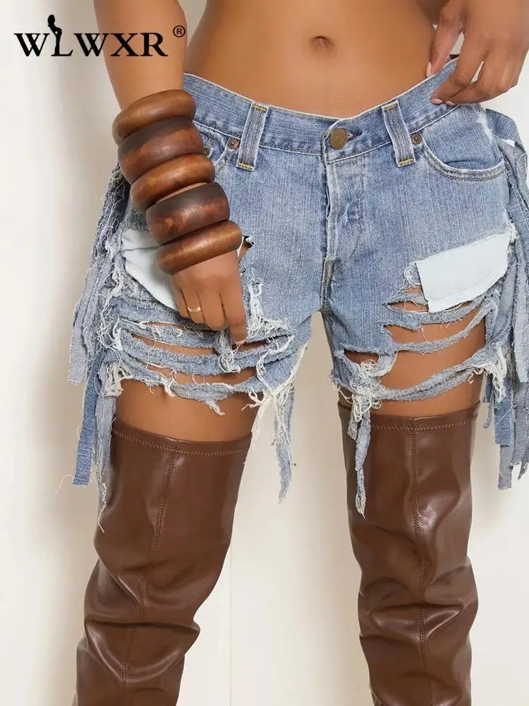 

Женские летние облегающие шорты WLWXR, модель 2023 года, уличная одежда, шорты с вырезами, повседневные джинсовые шорты с высокой талией