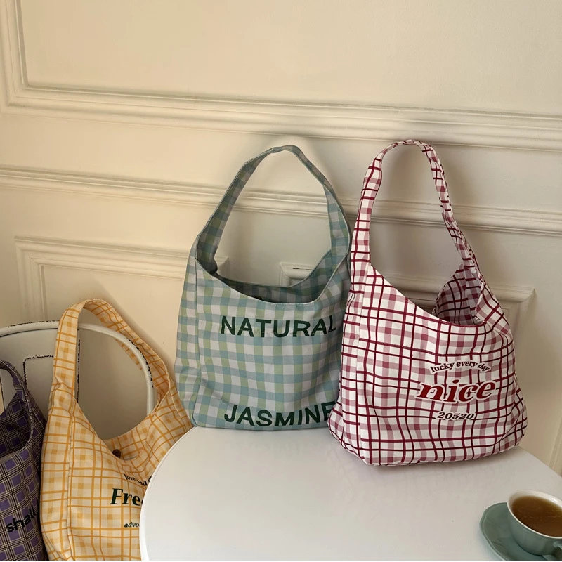 

Youda New Polyester Fabric Letter Shoulder Bag for Women Colorful Plaid Pattern Handbag Large Casual Capacity Shopper Tote Bags