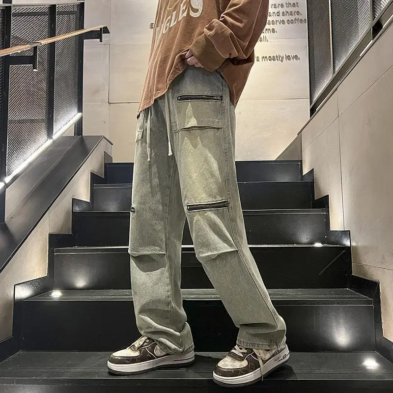 Джинсы оверсайз на молнии рабочая одежда прямые свободные мужские брюки в