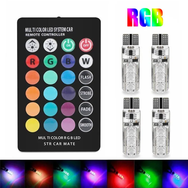 Фото Комплект из 4 светодиодных ламп T10 5050 6SMD для салона автомобиля, водонепроницаемые, с пультом ДУ, RGB, W5W, 194, 168, купольные, силиконовые, клиновидные, боковые, 12В №1