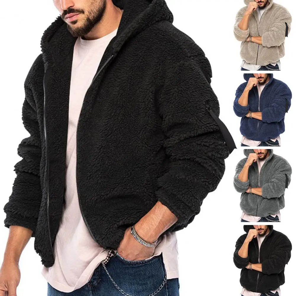 

Hip Hop Autumn Winter Men Solid Color Lamb Fleece Fluffy Jacket Streetwear Harajuku Fuzzy Zipper Loose Solid Color Hooded Coat