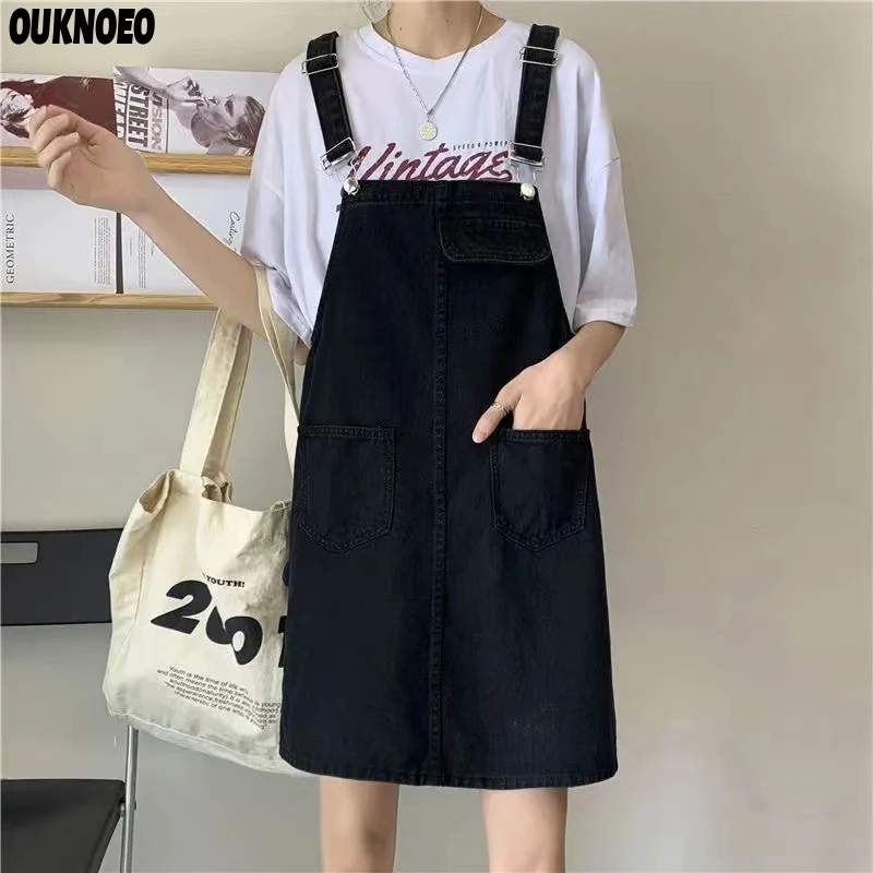 

Women's Denim Overalls Plus Size Strap Skirt Black High Waist Loose All-Match Korean Tooling Style 2022 Spring Woman Denim Dress