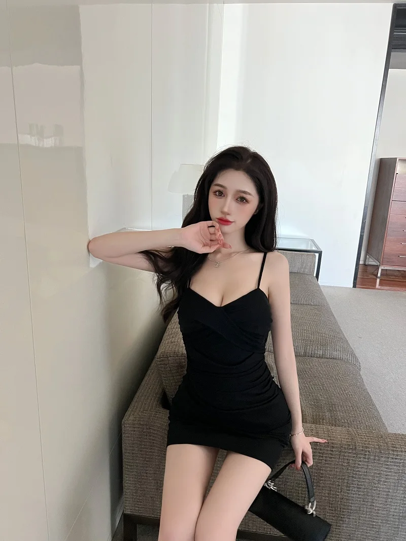 

Black Evening Dress 2022 Summer Sexy Fashion Suspender Pleated Tight Casual Skirt Luxury Elegant Ball Gown Prom Korea Japan