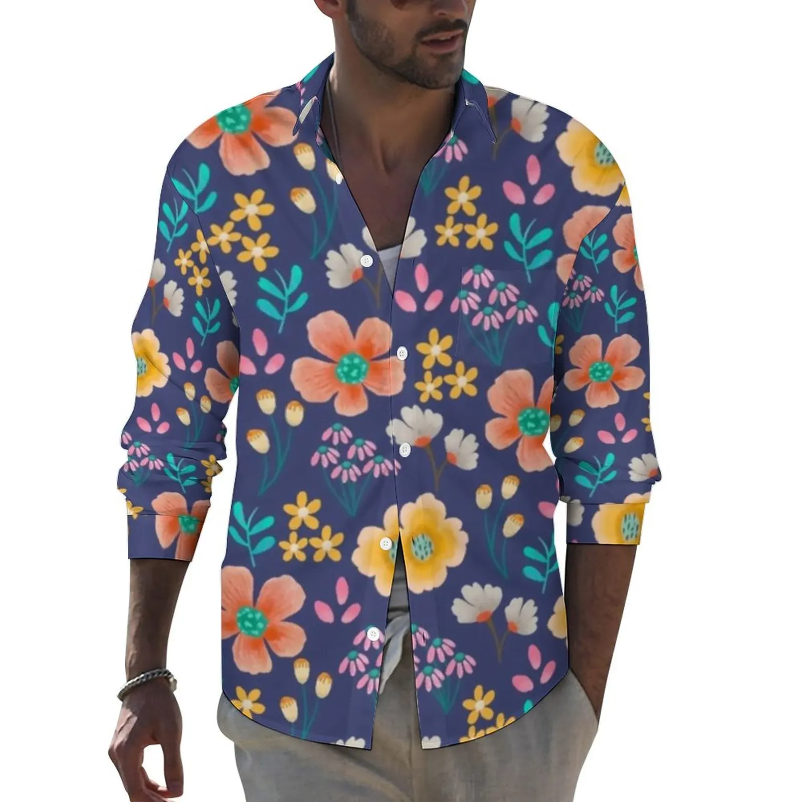 

Vibrant Bright Flowers Stylish Casual Shirt Man Cute Floral Print Shirt Spring Trendy Blouses Long Sleeve Pattern Oversize Tops