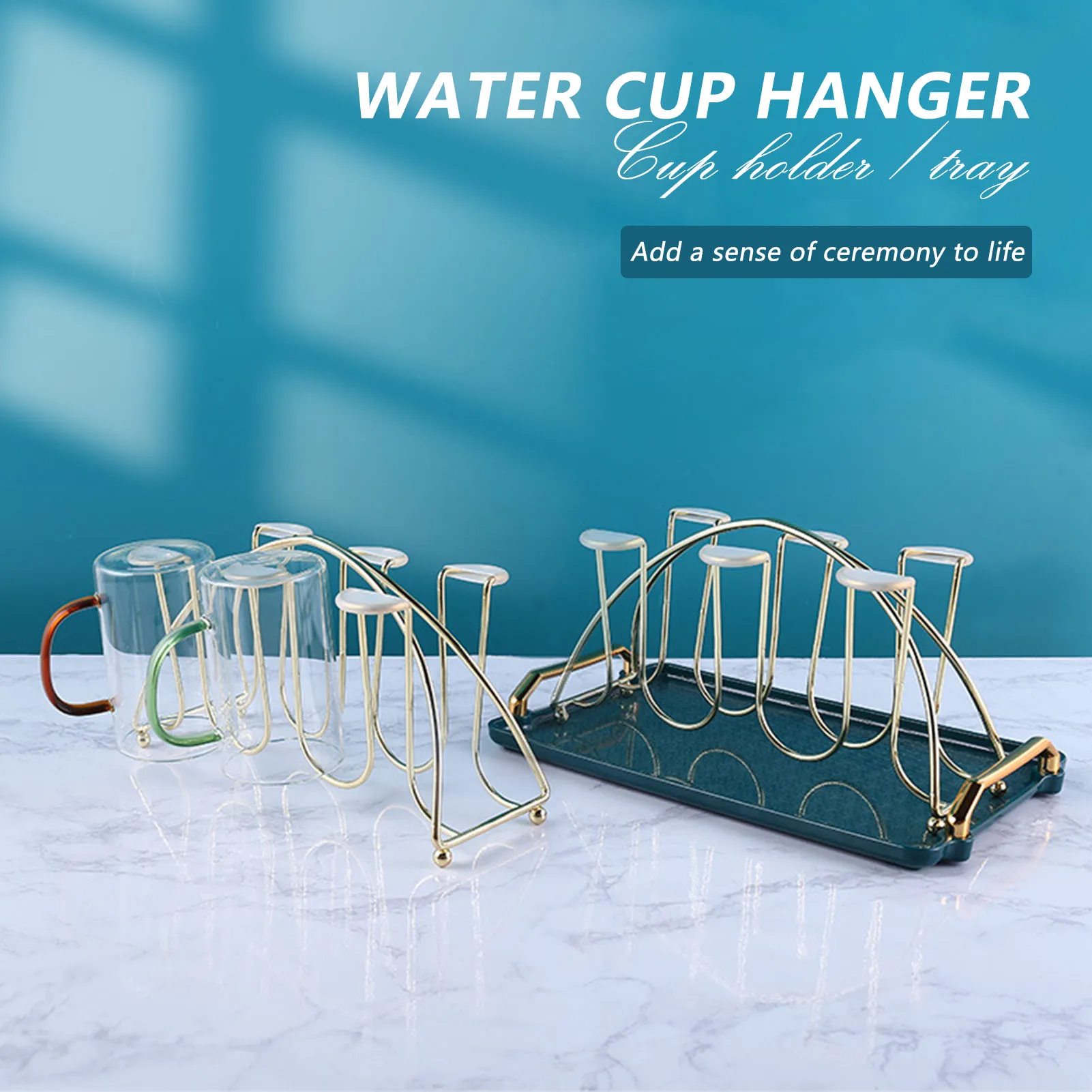 

Inverted Glass Mug Hanging Rack with Drain Tray for Home Kitchen Countertop Durable Water Cup Hanger Space Saving with Handle