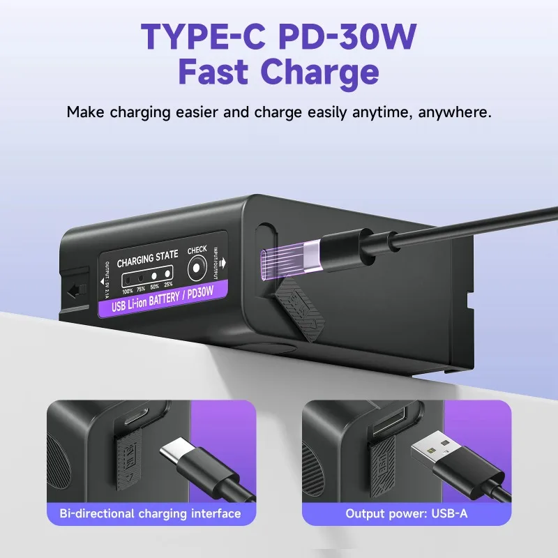 Фото Аккумулятор для камеры 7.2V 11800mAh NP-F990 Type-C для Sony F970 F960 F550 F750 с поддержкой быстрой зарядки PD30W и LED-индикатором заряда №2